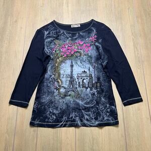 Y2K Blue Canyon women's Sz M crewneck Paris Eiffel Tower long-sleeve top black